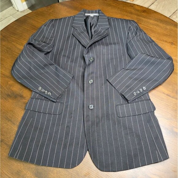 Mens Black Pinstripe Blazer 38S Wool Feel By Burnei Hand Tailored - Picture 9 of 16